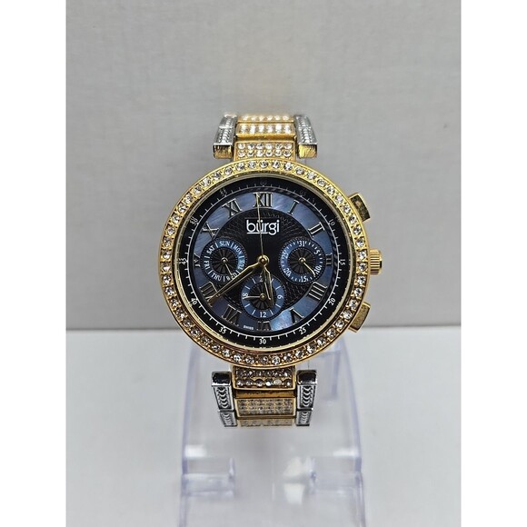 Burgi Womens Two Tone Crystal Swiss Watch Blue MOP Multifunction New Battery - Picture 1 of 10
